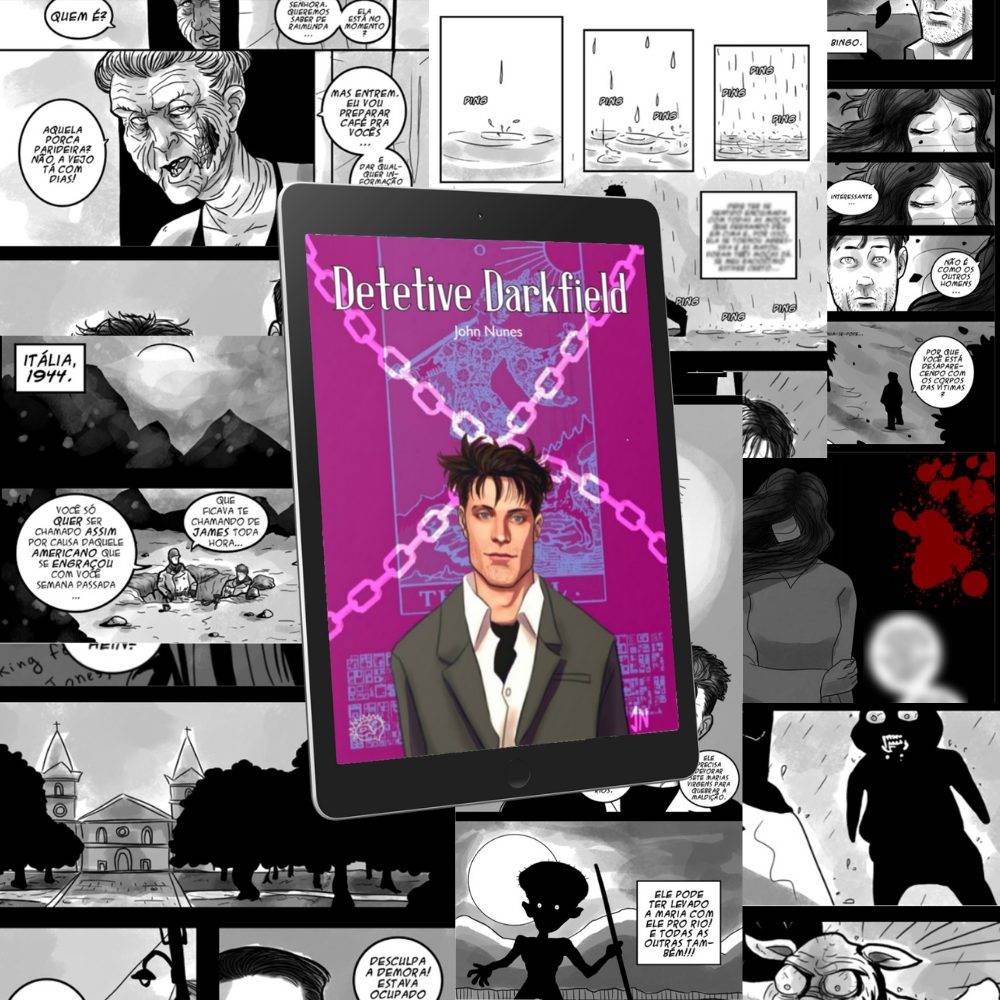 Em destaque está um tablet com a capa da HQ Detetive Darkfield. Ao fundo há uma montagem com várias páginas do quadrinho. Na capa, predomina a cor roxa e mostra o personagem Darkfield, um homem branco de cabelo preto bagunçado, veste um terno.