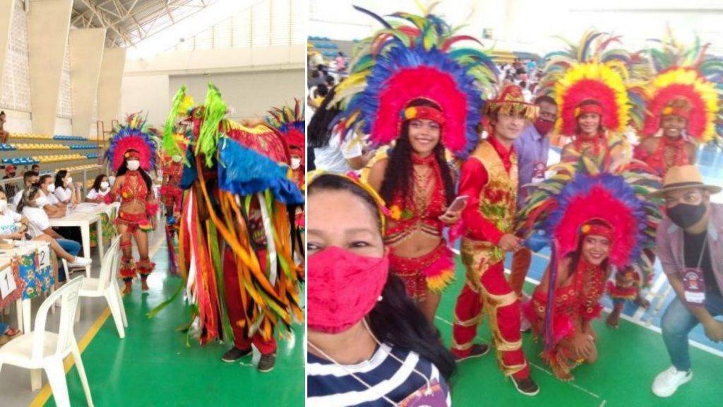 Há duas fotos, a primeira é do Bumba meu boi no arraial da vacina em Timon, o boi tem muitas fitas da cor laranja pelo corpo, e algumas verdes amarradas nos chifres; a segunda foto é do grupo de Bumba meu boi Brilho da Noite posando para a foto, vestidos de vermelho e dourado os integrantes do grupo usam muitas penas vermelhas, azuis e amarelas nas cabeças.