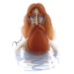 Ilustração de um homem ruivo com o cabelo, bigodes e barba compridos. Ele está com o corpo dentro da água, estando só dos ombros para cima fora dessa água.