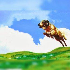 Ilustração de um campo aberto e um céu claro com nuvens brancas. Há um carneiro de pelo dourado pulando.