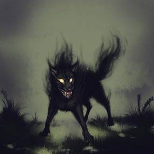 Ilustração de um cachorro feito de fumaça e sombras.