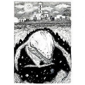 Ilustração em preto e branco de uma baleia adormecida no subterrâneo de uma cidade.