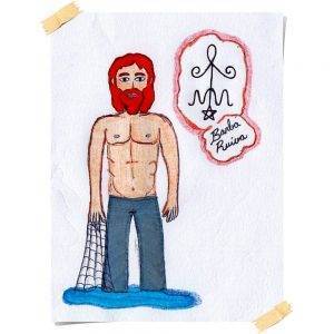 Desenho de um homem de pele clara, sem camisa, cabelos e barbas ruivos. Ele tem os pés dentro da água e carrega uma rede de pesca em uma das mãos.