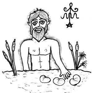 Desenho em preto e branco de um homem barbudo e sem camisa jogando três coisas na água, essas coisas têm a forma de caroços de feijão ou de rins.