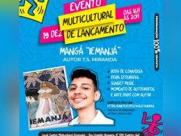 Convite para o lançamento do mangá Iemanjá de T. S. Miranda no Espaço Multicultural Stouradas no dia 19 de dezembro de 2021 às 16h.