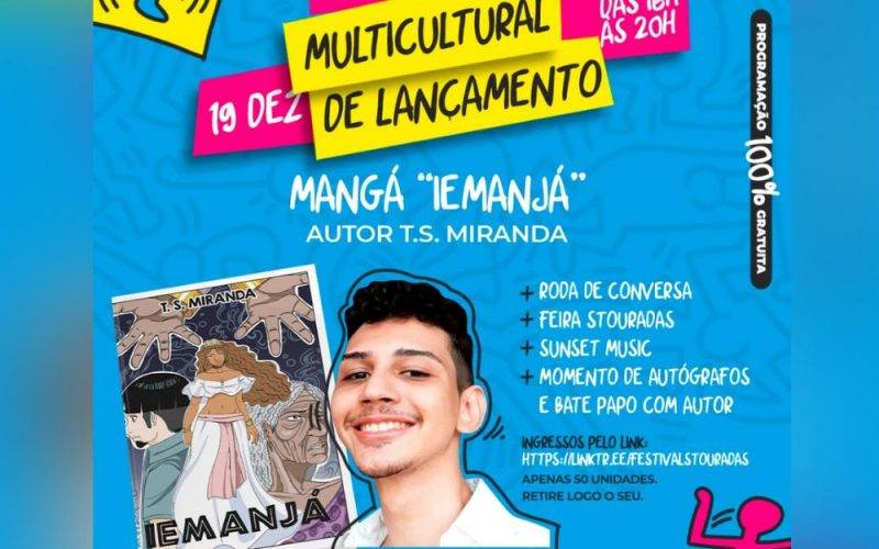 Convite para o lançamento do mangá Iemanjá de T. S. Miranda no Espaço Multicultural Stouradas no dia 19 de dezembro de 2021 às 16h.