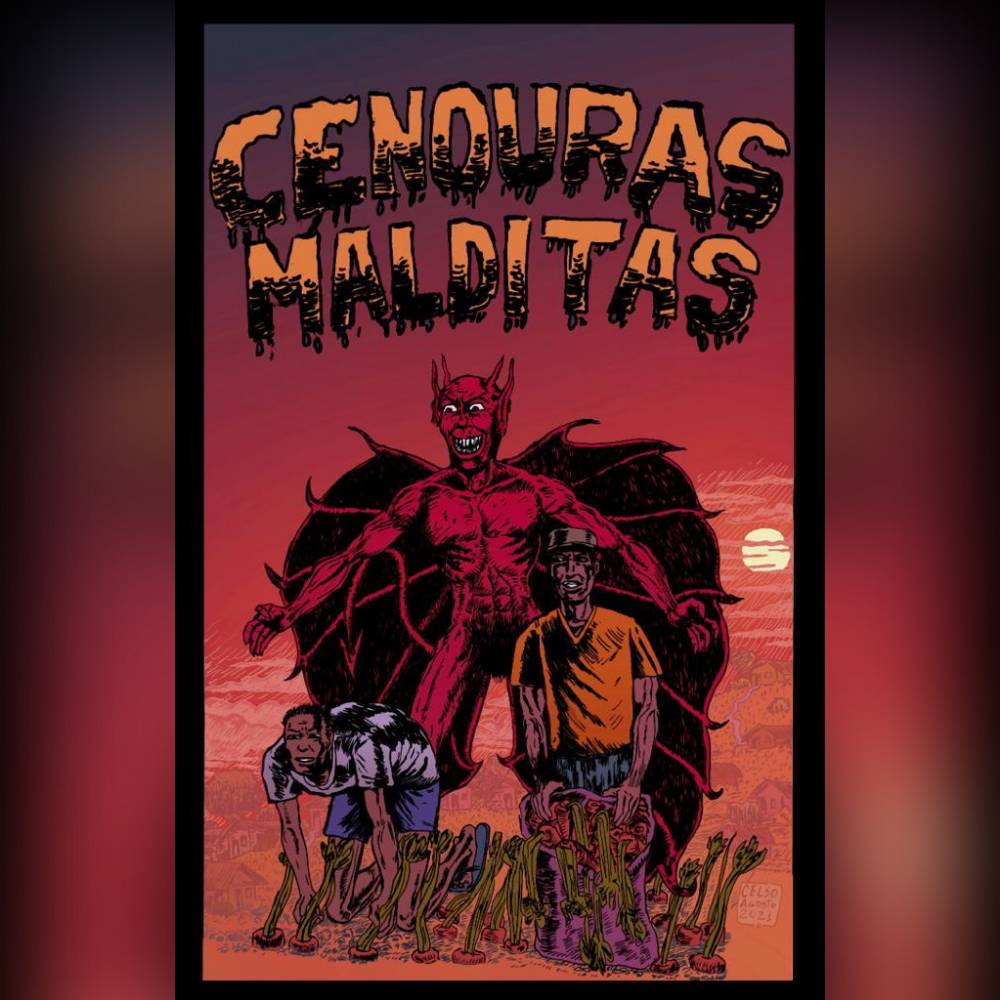 Capa da HQ Cenouras Malditas de Luís Celso. A capa é desenhada e predomina a cor vermelha, há dois homens na frente de um demônio que é o que mais se destaca na ilustração.