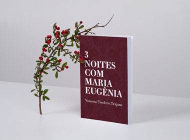 Livro 3 noites com Maria Eugênia, de autoria de Vanessa Teodoro Trajano em um fundo branco e com um galho com pequenas frutas vermelhas do lado.