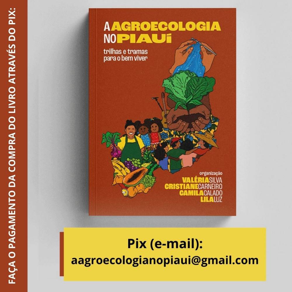 Livro A agroecologia no Piauí em um fundo branco. Na parte de baixo da imagem está escrito Pix: aagroecologianopiaui@gmail.com