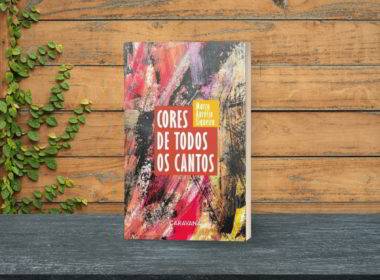 Foto do livro Cores de todos os cantos de autoria de Marco Aurélio Siqueira. O livro está em pé sobre uma mesa, ao fundo há uma parede de madeira e uma planta subindo por essa parede.
