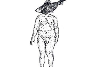 Ilustração em preto e branco de um homem nu com a cabeça de peixe e uma costura na barriga como se ele tivesse sido fatiado ao meio.