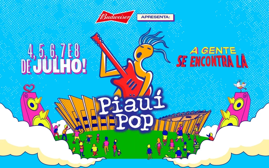 Imagem de divulgação do Piauí Pop, mostra um boneco de cabelo arrupiado tocando uma guitarra, logo abaixo dele há o estádio do Albertão.