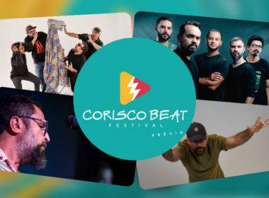 Montagem com a logo do Festival Corisco Beat no centro e quatro fotos ao redor, as fotos são do grupo Roque Moreira, Validuaté, Sandro Moura e de Hugo dos Santos.