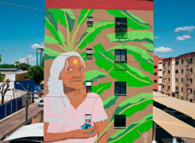 Foto de prédio com uma ilustração de uma senhora e folhas de bananeiras pintada na lateral do prédio entre as janelas. A arte faz parte do Festival Concreto.
