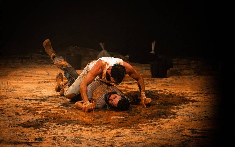 Foto da peça Tom na Fazenda. A imagem mostra dois homens caídos em um chão de terra, um deles está por cima e segura os pulsos do outro contra o chão.