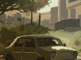 Ilustração que remete a uma pintura, a imagem mostra um carro em uma rua tomada pela natureza. A arte faz parte do universo do jogo de RPG Rellik.