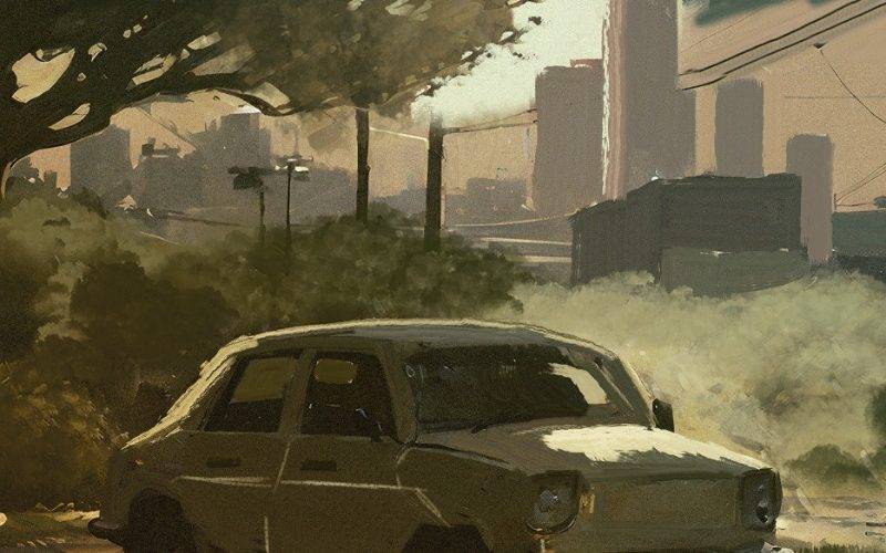 Ilustração que remete a uma pintura, a imagem mostra um carro em uma rua tomada pela natureza. A arte faz parte do universo do jogo de RPG Rellik.